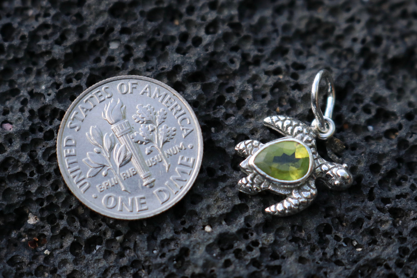 Turtle Charm Peridot Necklace Pendant. Sterling Silver.