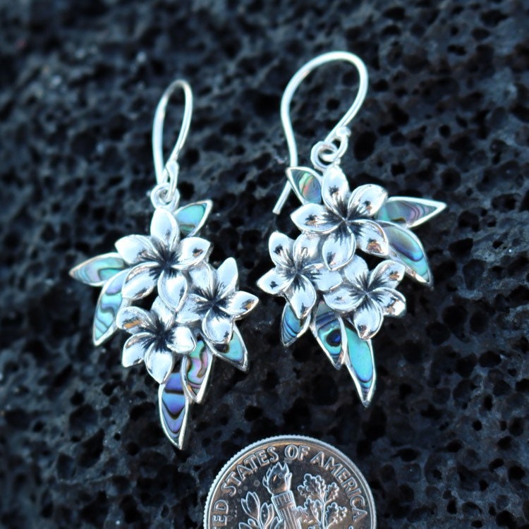 Plumeria Flowers Earrings. Abalone Paua Shell, Sterling Silver.