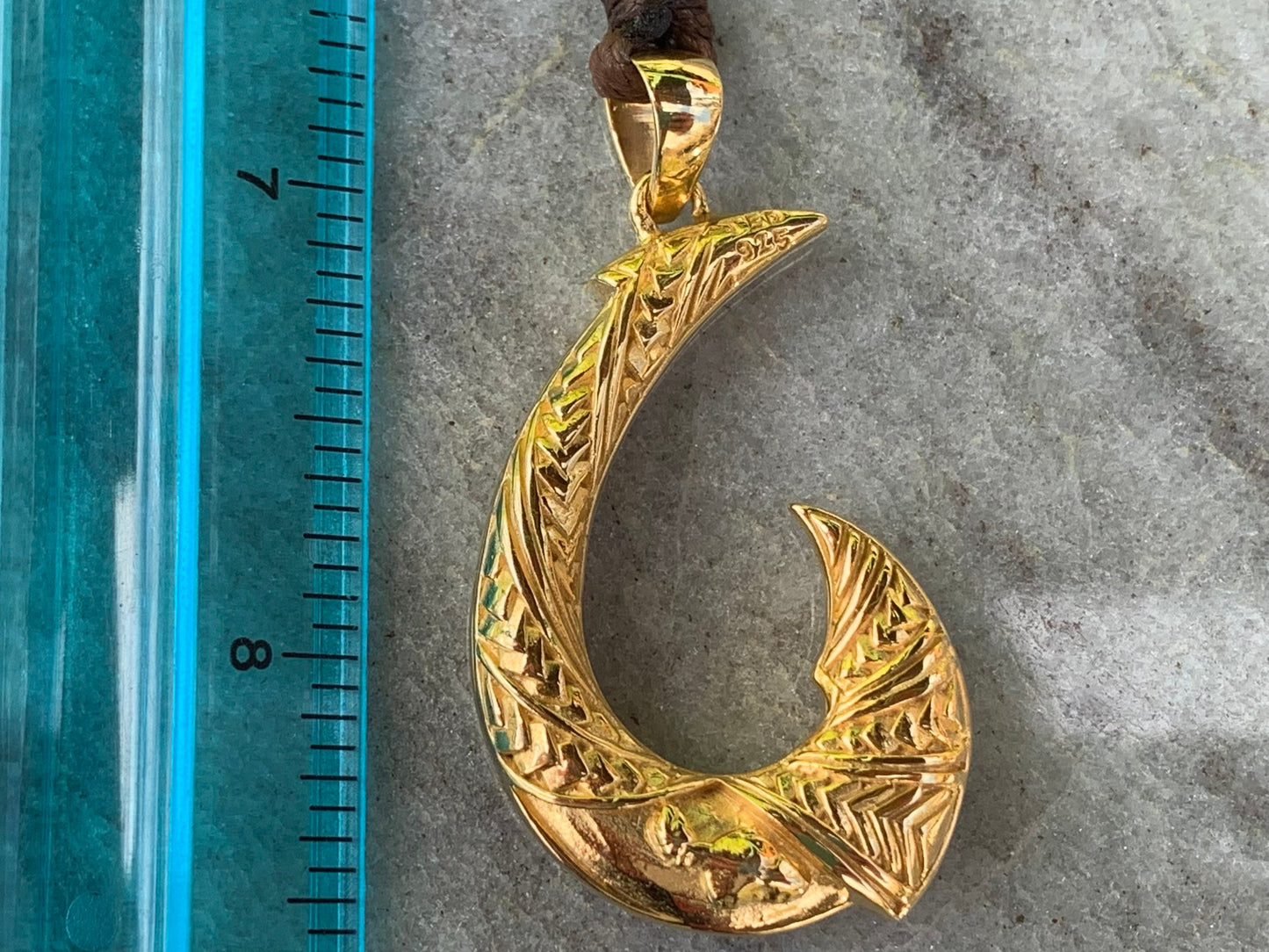 Hawaiian Maui Island Fishing Hook Tribal Necklace Pendant. 18K Gold Vermeil.