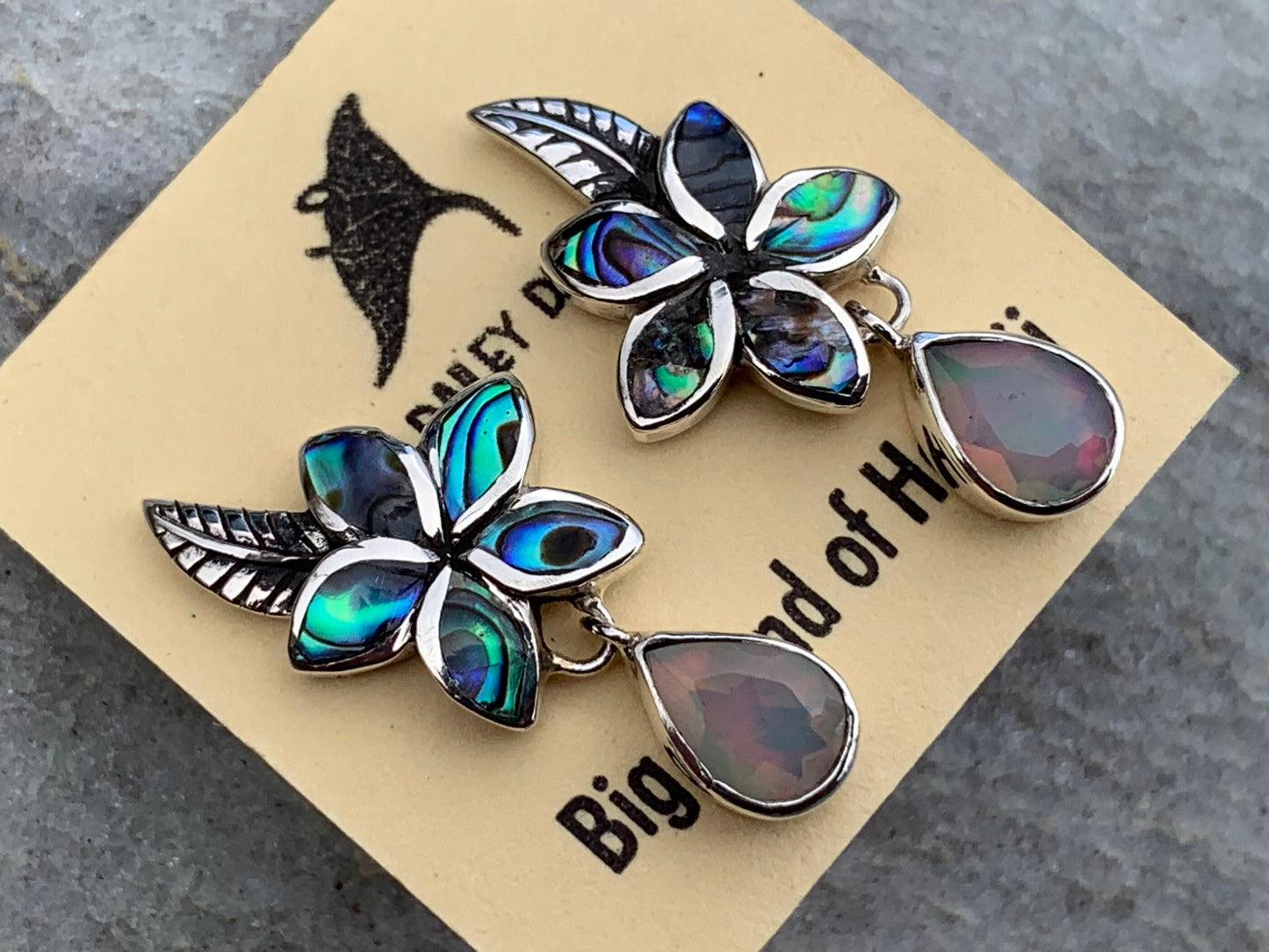Plumeria Opal Earrings Studs. Abalone shell, Silver.