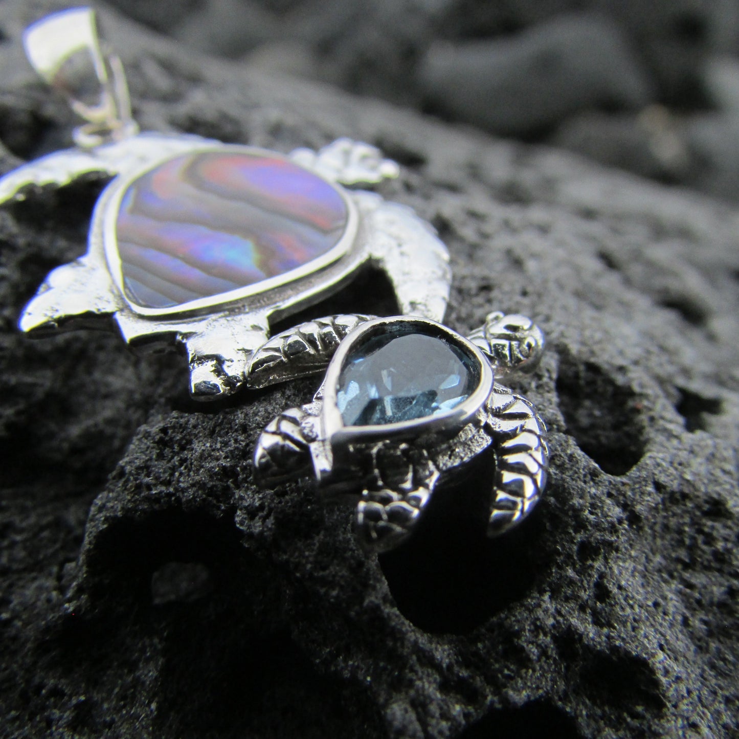 Sea Turtle Couple Necklace Pendant | Abalone Paua Shell | Blue Topaz | Sterling Silver | Ocean | Beach | Gift | Jewelry | Handmade | Unique