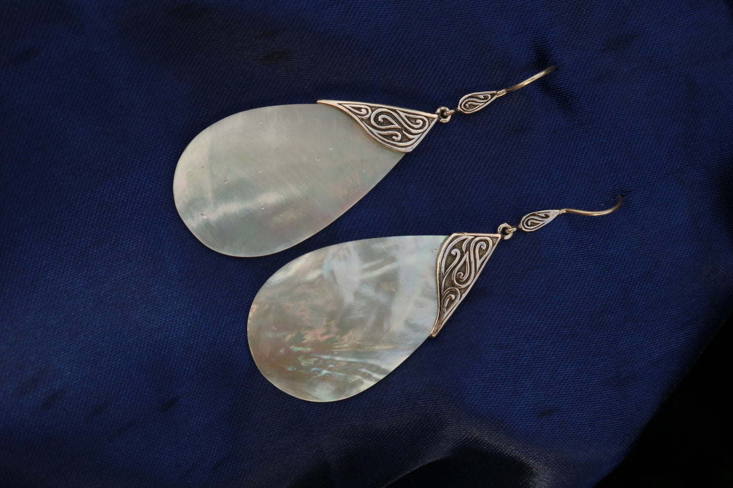 Mother of Pearl Teardrop Earrings Tribal Design. Sterling Silver.