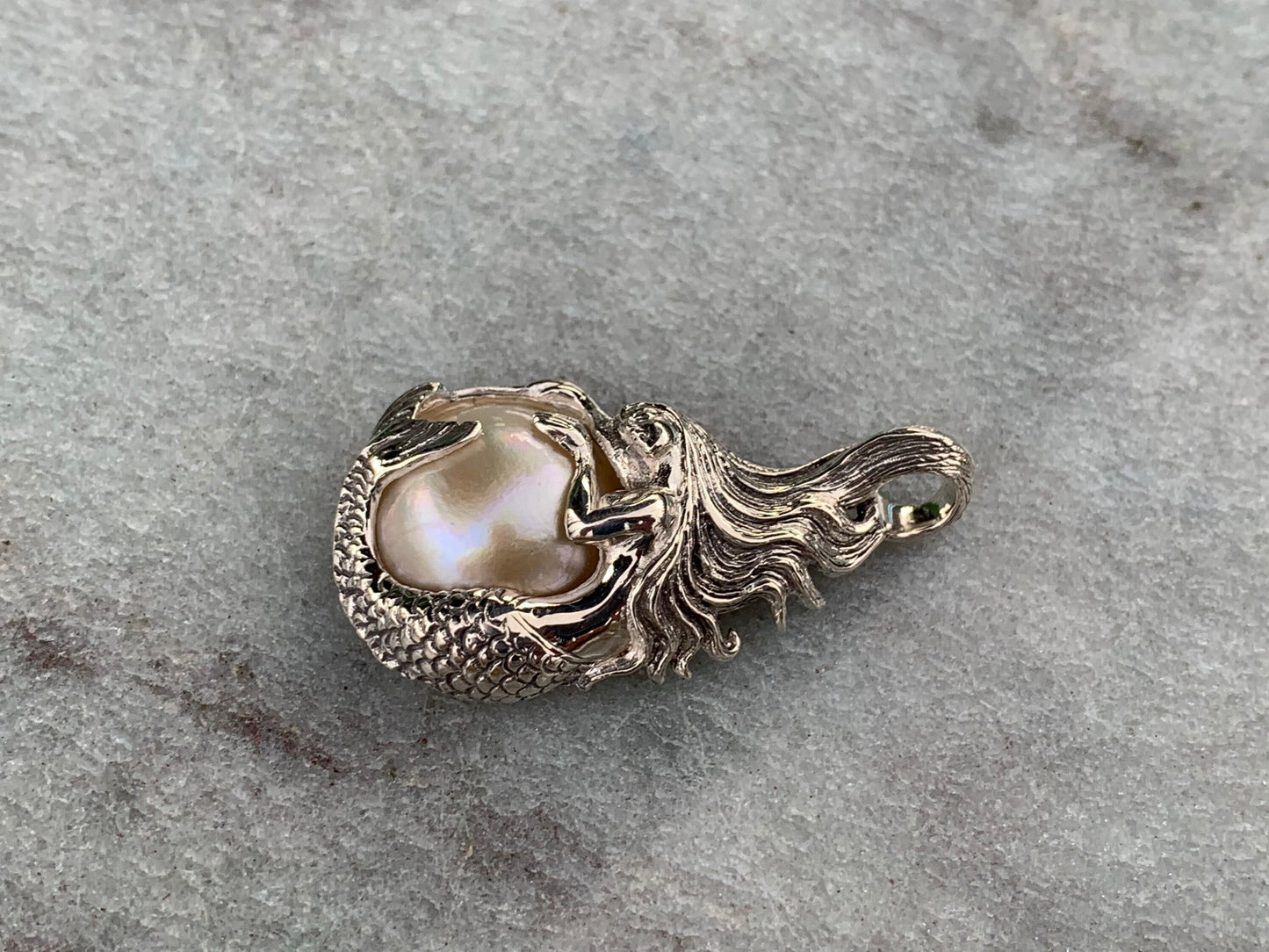 Mermaid White Pearl Mabe Silver Pendant Necklace