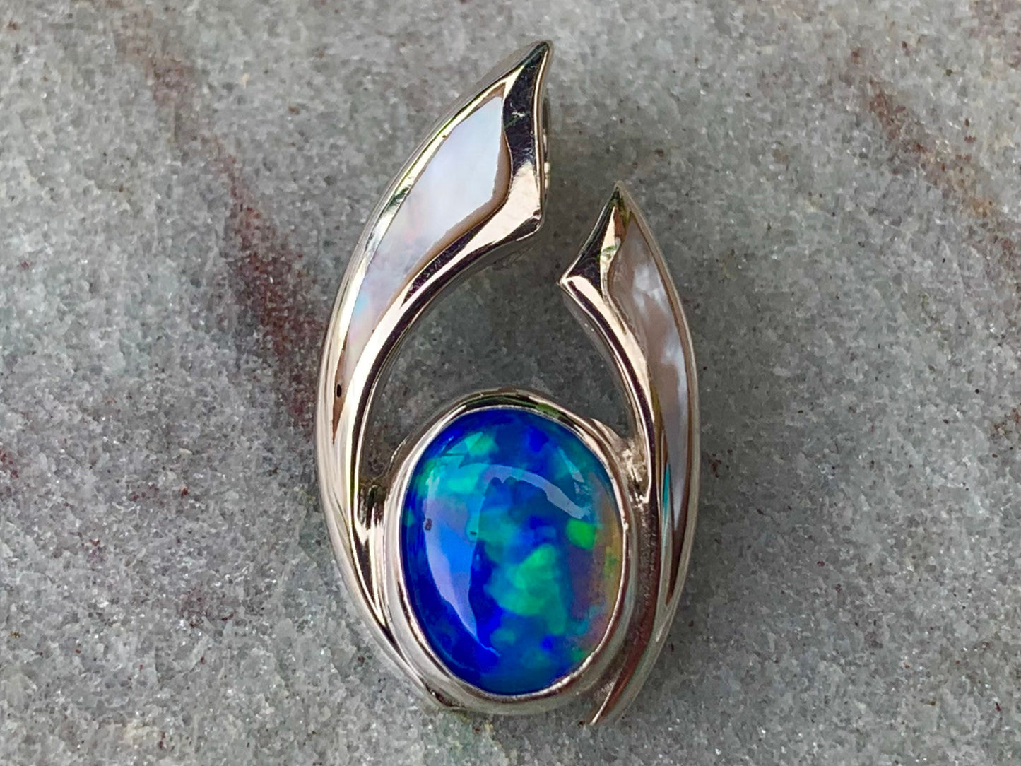 Opal Ocean Wave Pendant Necklace. Mother of Pearl, Sterling Silver.