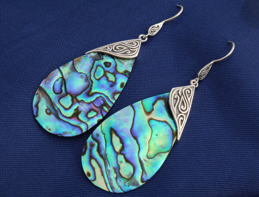 Abalone Shell Teardrop Earrings Tribal Design. Sterling Silver.