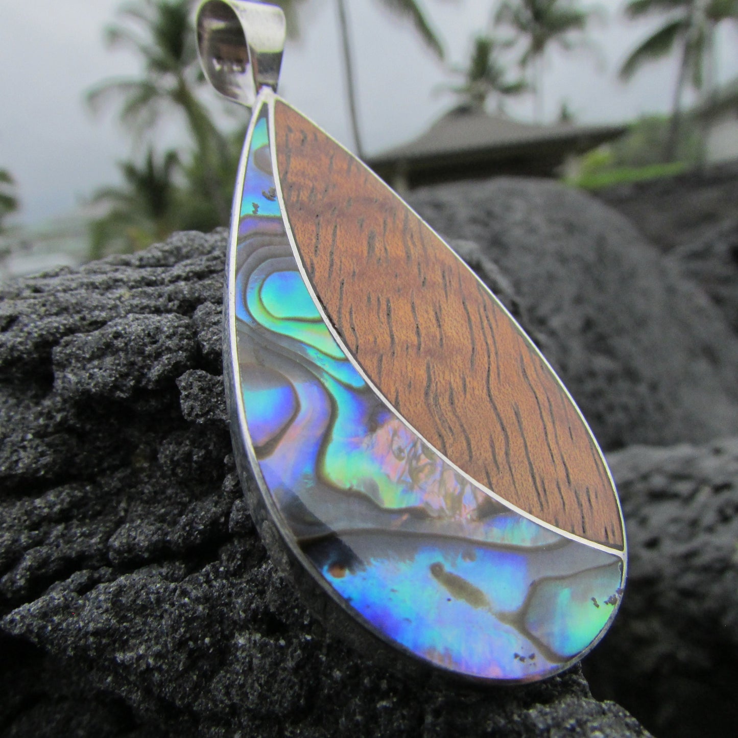 Teardrop Necklace Pendant | Koa Wood | Abalone Paua Shell | Sterling Silver | Gift | Jewelry | Handmade | Unique