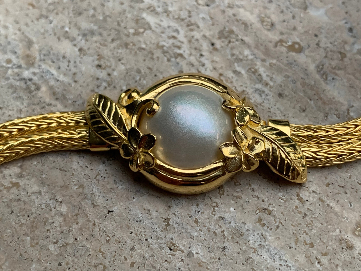 18K Gold Vermeil Plumeria Flower Bracelet. White Mabe Pearl.