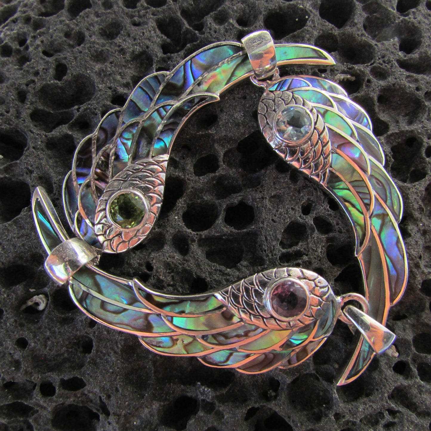 Angel Wing Necklace Pendant. Amethyst, Peridot or Blue Topaz. Abalone Paua Shell. Sterling Silver.