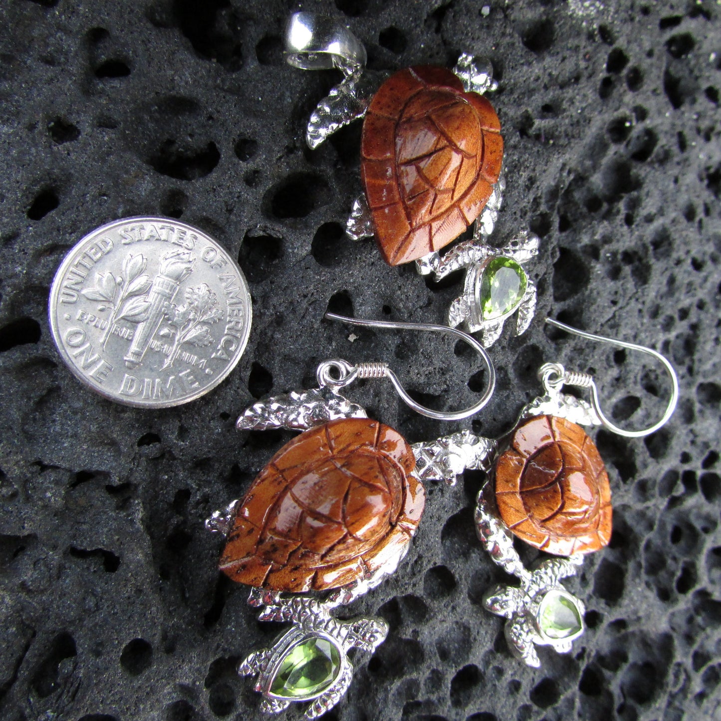 Sea Turtle Earrings | Peridot | Hawaiian Koa Wood | Sterling Silver | Ocean | Beach | Gift | Jewelry | Handmade | Unique