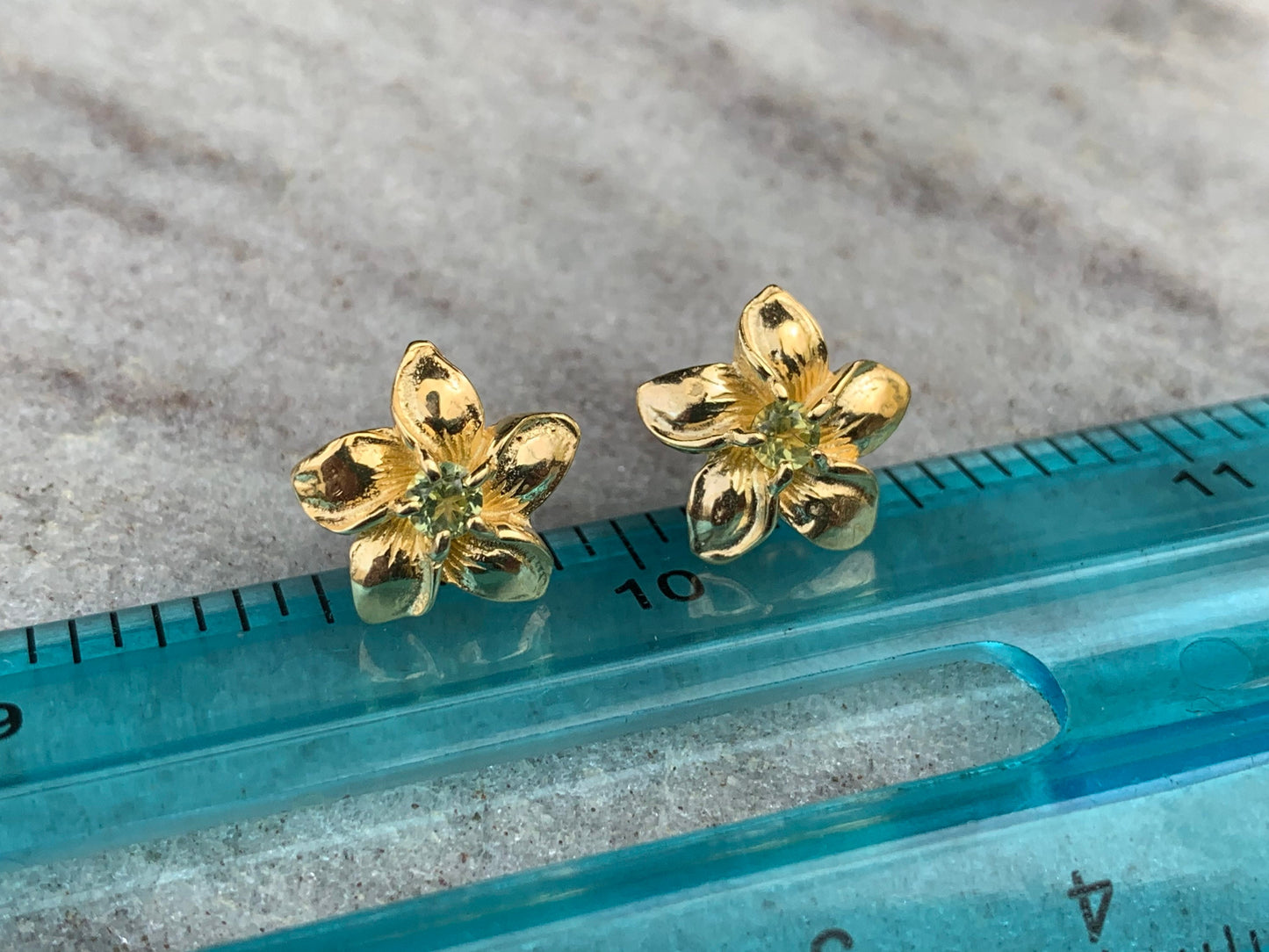 Plumeria Flower Gold Vermeil Earrings Studs. Peridot.