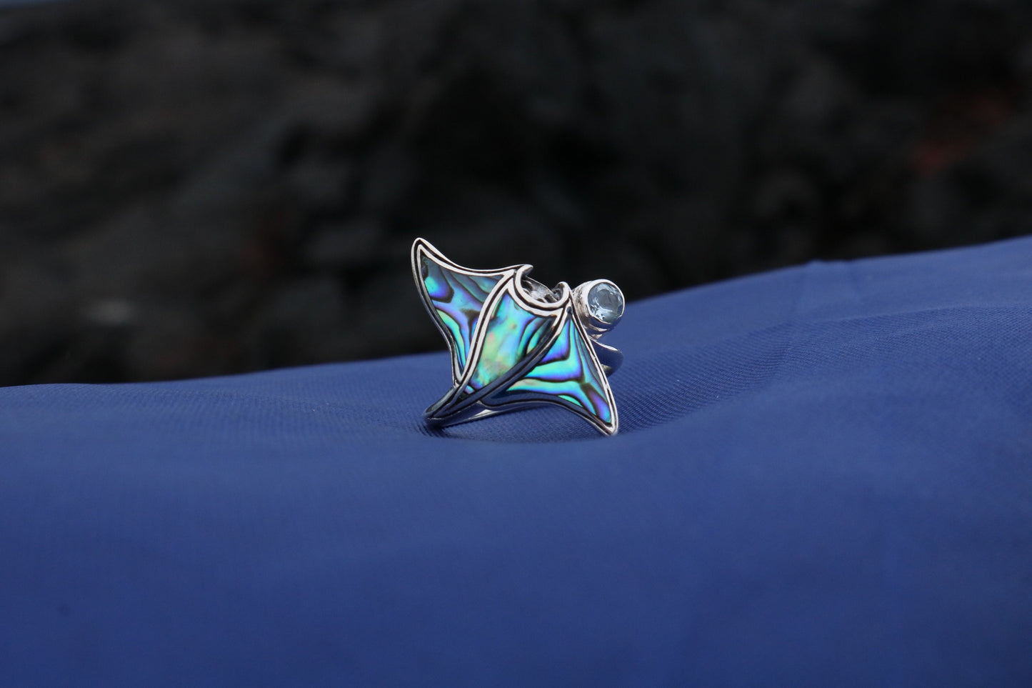 Manta Ray Ring Hawaiian Hahalua. Abalone Paua Shell. Blue Topaz. Sterling Silver.