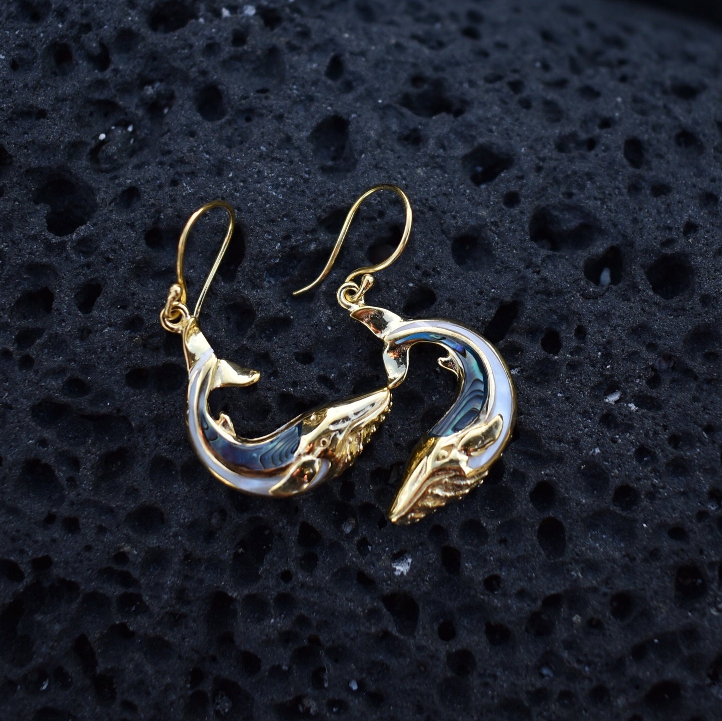 18K Gold Vermeil Whale earrings. Abalone Shell. Mother of Pearl.