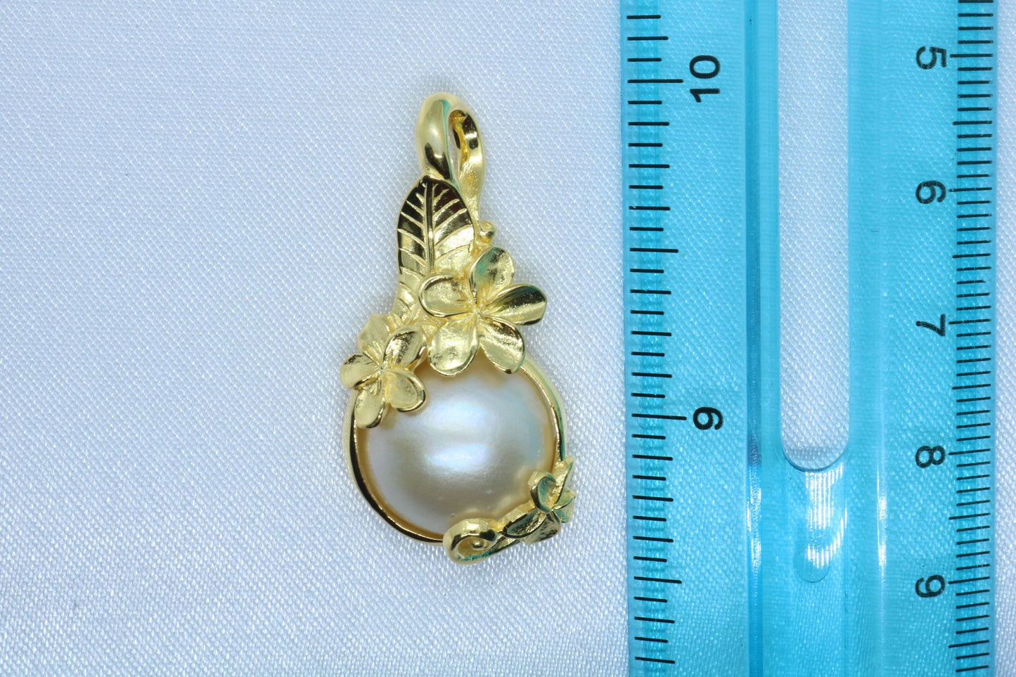 Plumeria Flower 18k Gold Vermeil Mabe White Pearl Necklace Pendant