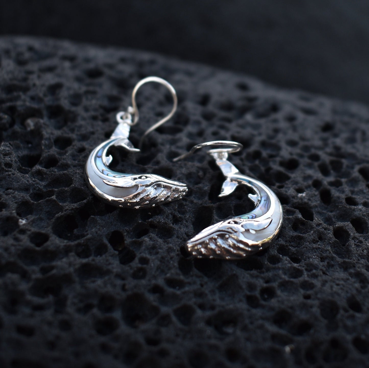 Whale earrings. Sterling Silver. Abalone Shell. Mother of Pearl.