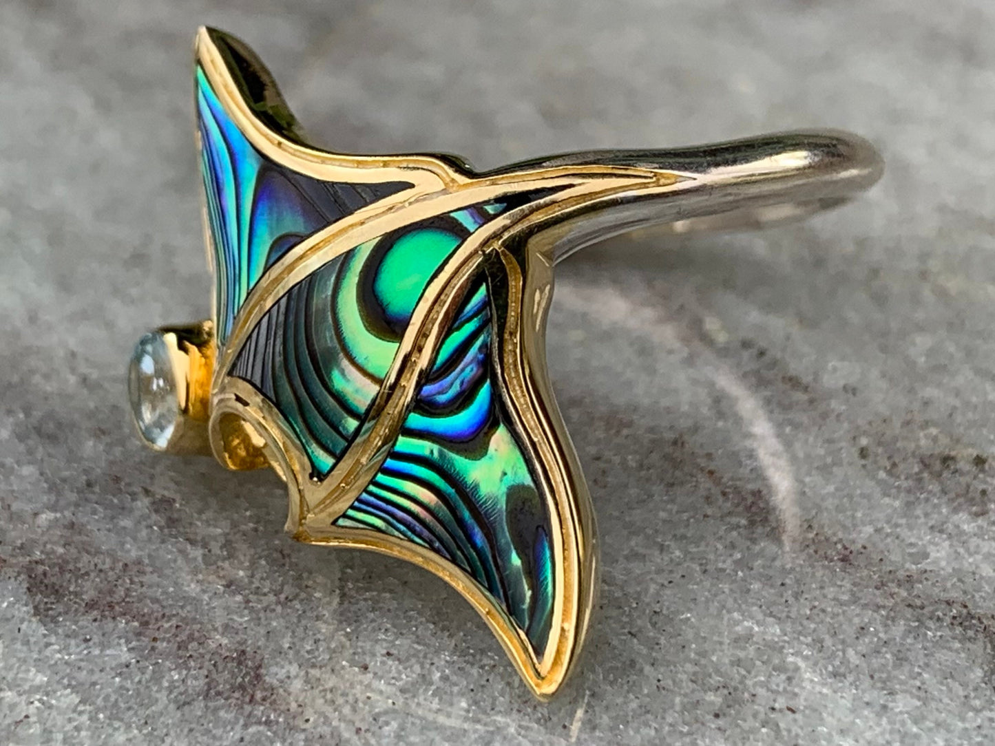 Manta Ray Gold Vermeil Ring. Blue Topaz. Abalone Paua Shell.