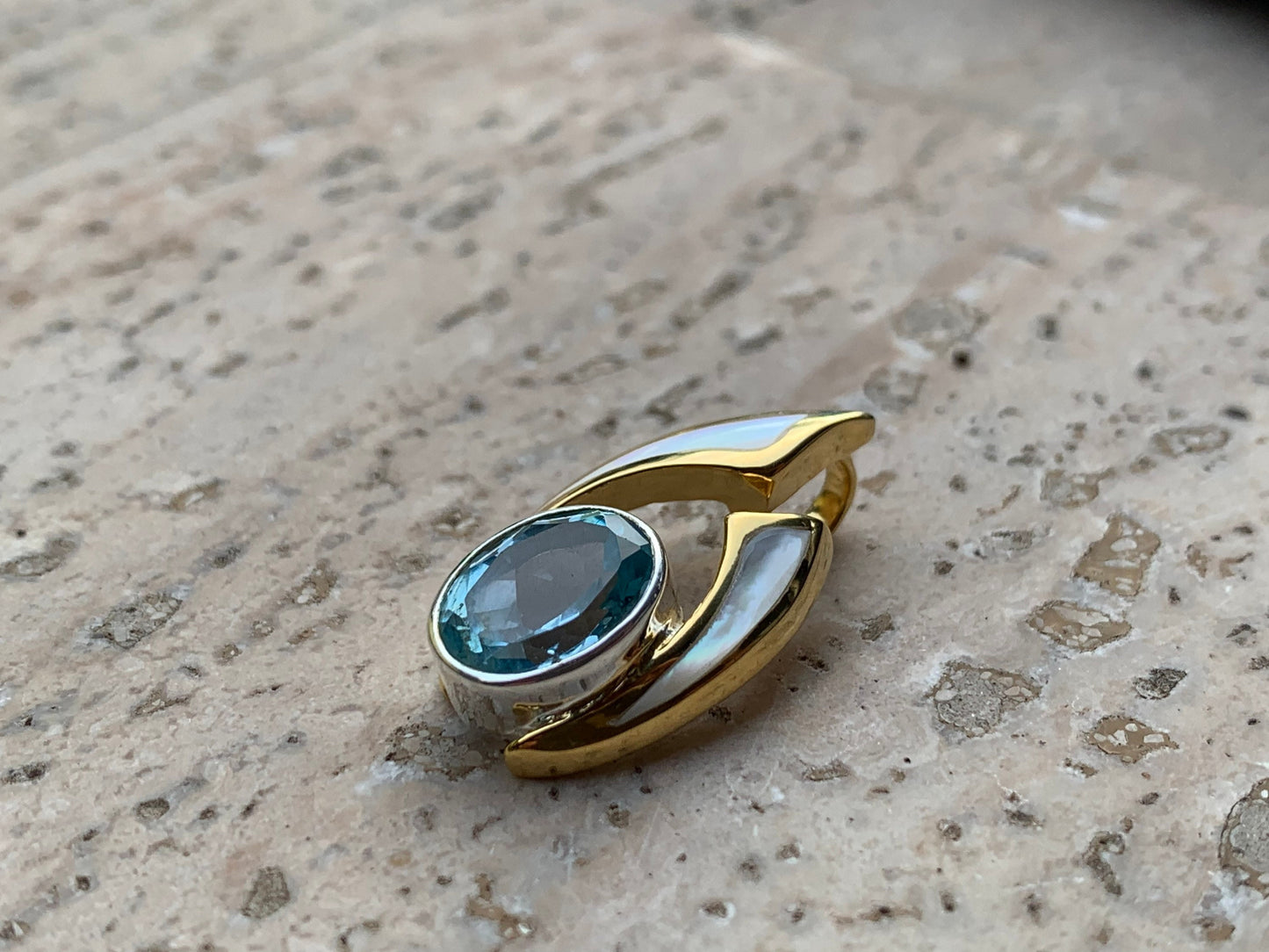 Wave Pendant. Blue Swiss Topaz, Mother of Pearl, Gold Vermeil.