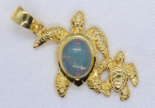 Opal Turtle Hawaiian Honu Mom and Baby 18k Gold Vermeil Necklace Pendant