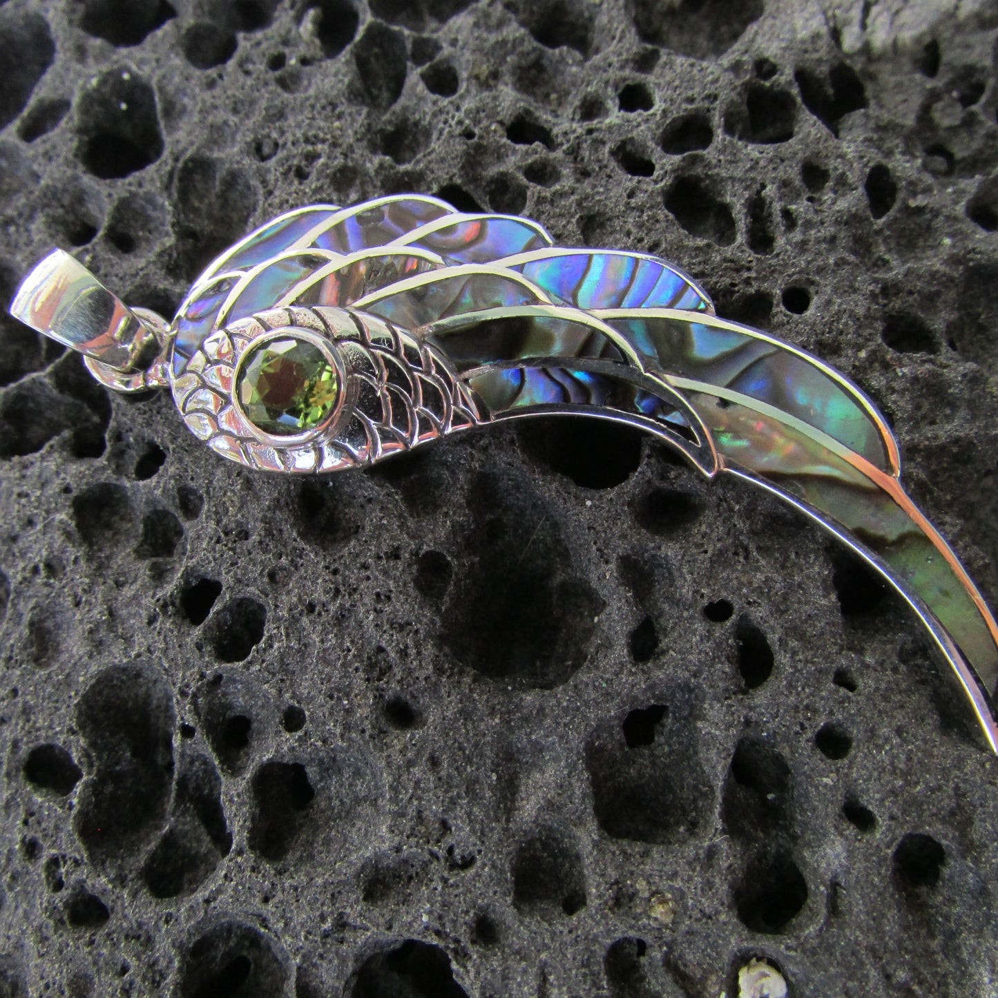 Angel Wing Necklace Pendant. Amethyst, Peridot or Blue Topaz. Abalone Paua Shell. Sterling Silver.