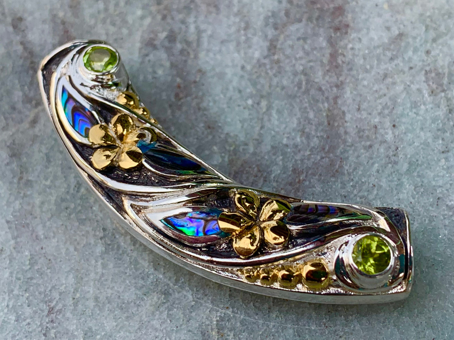 Plumeria Slider Necklace Pendant. 2 Peridot Gemstones, Abalone Shell, Sterling Silver, 18K Gold.