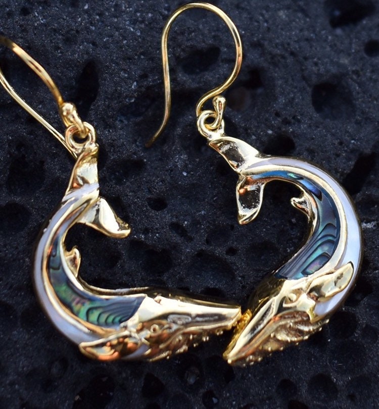 18K Gold Vermeil Whale earrings. Abalone Shell. Mother of Pearl.
