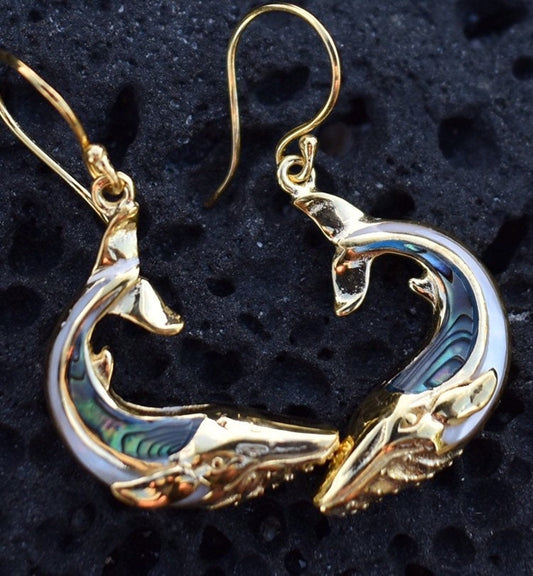 18K Gold Vermeil Whale earrings. Abalone Shell. Mother of Pearl.