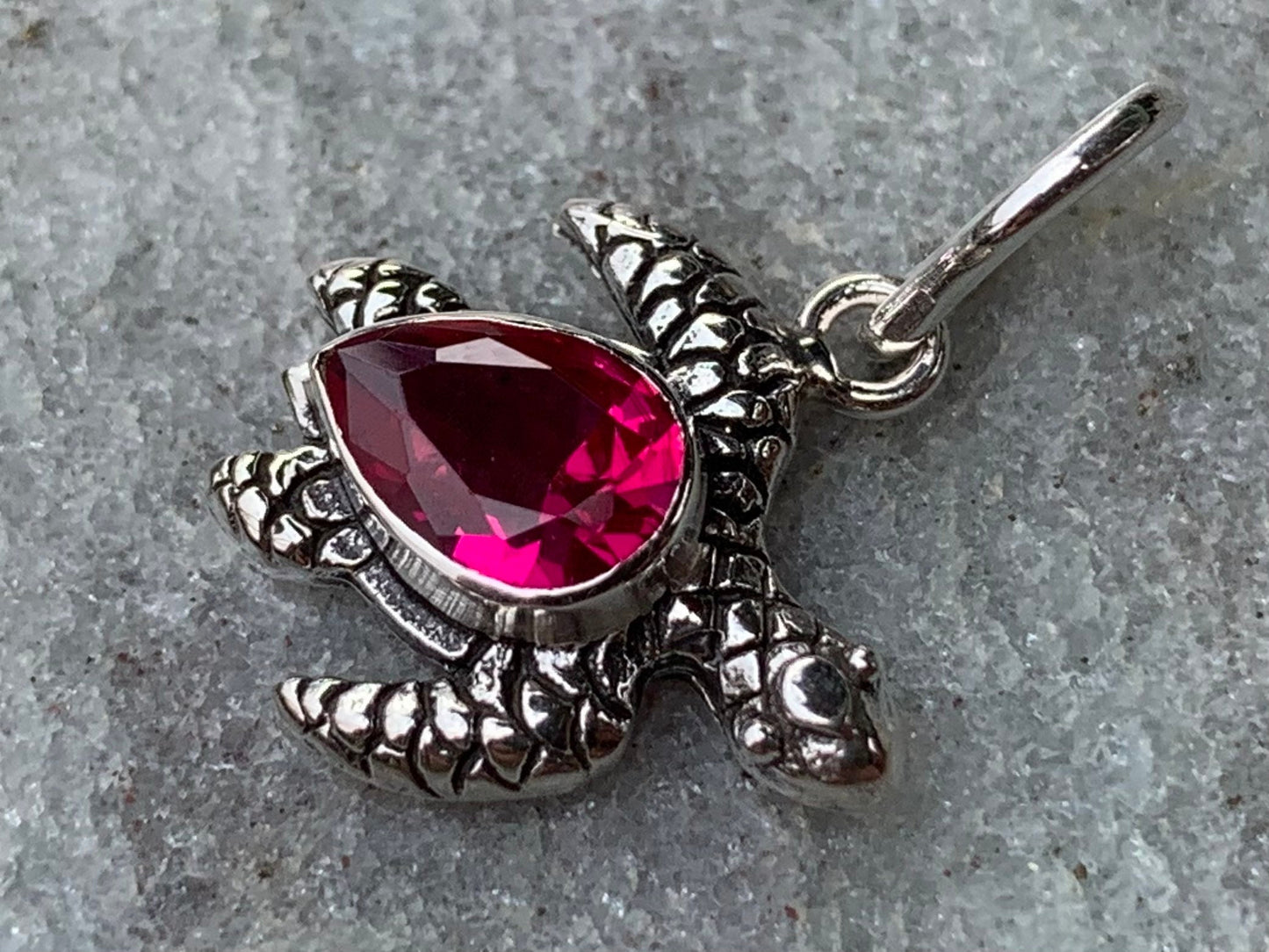 Ruby turtle charm pendant necklace. Sterling silver.