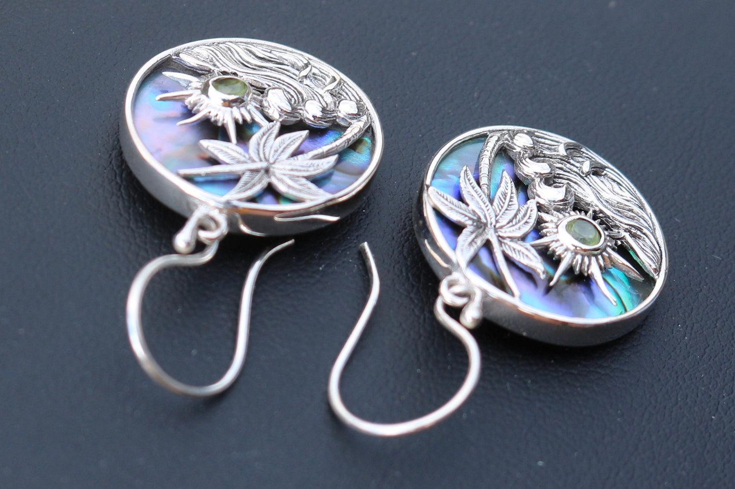 Hawaiian Sunset Wave Palm Tree Peridot Abalone Shell Earrings. Sterling Silver.