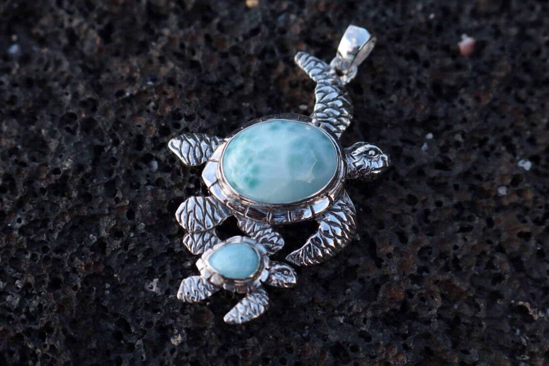 Larimar Turtle and Baby Necklace Pendant Jewelry. Sterling Silver.