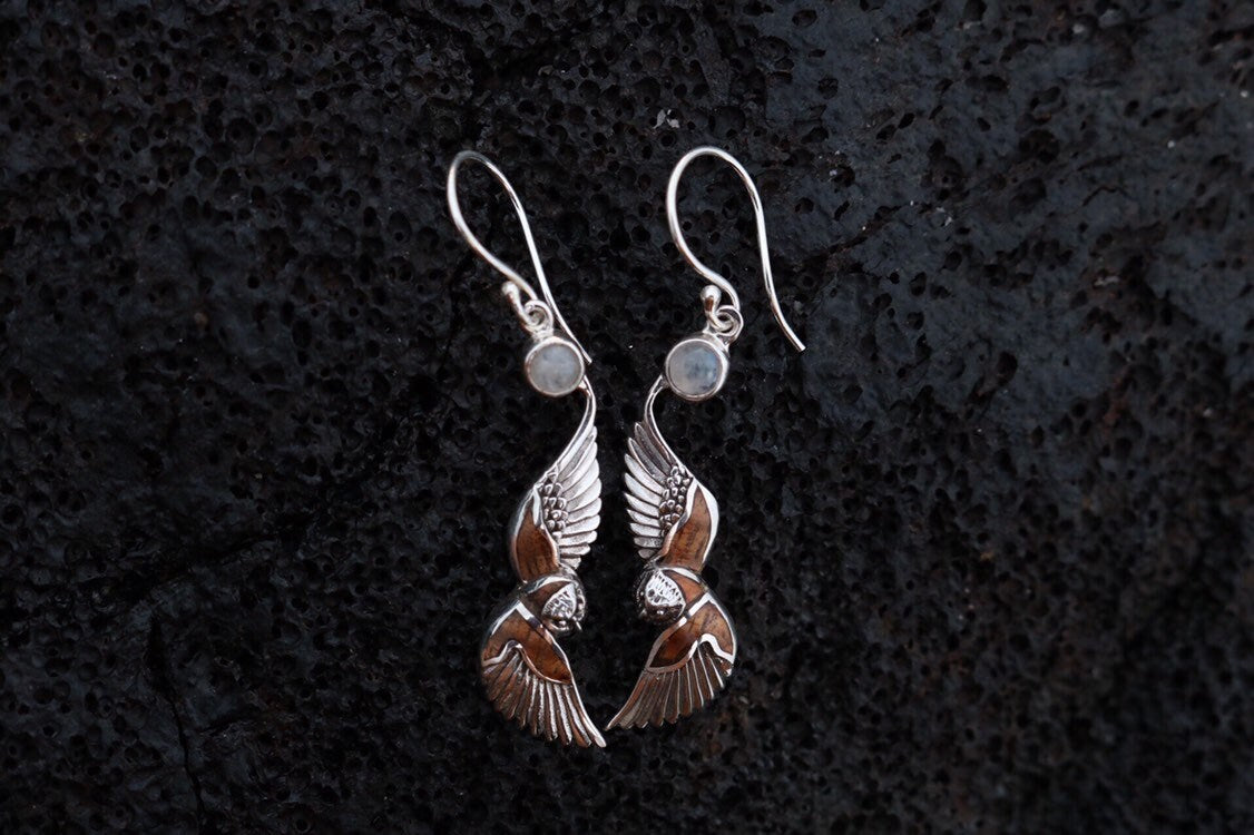 Owl Hawaiian Pueo Aumakua Earrings. Moonstone, Hawaiian Koa Wood, Mother of Pearl, Sterling Silver