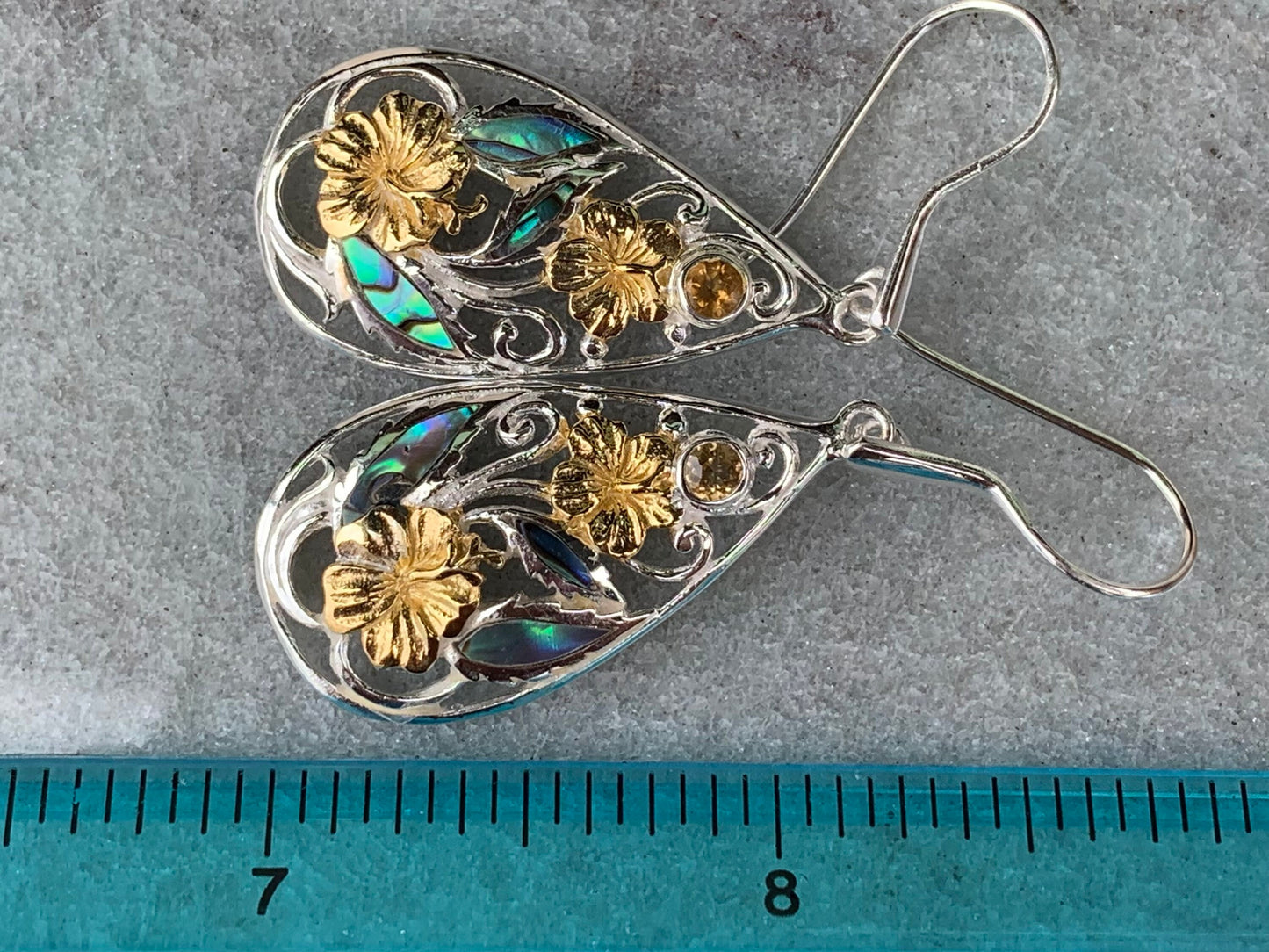 Hibiscus Flower Citrine Silver Gold Abalone Shell Earrings