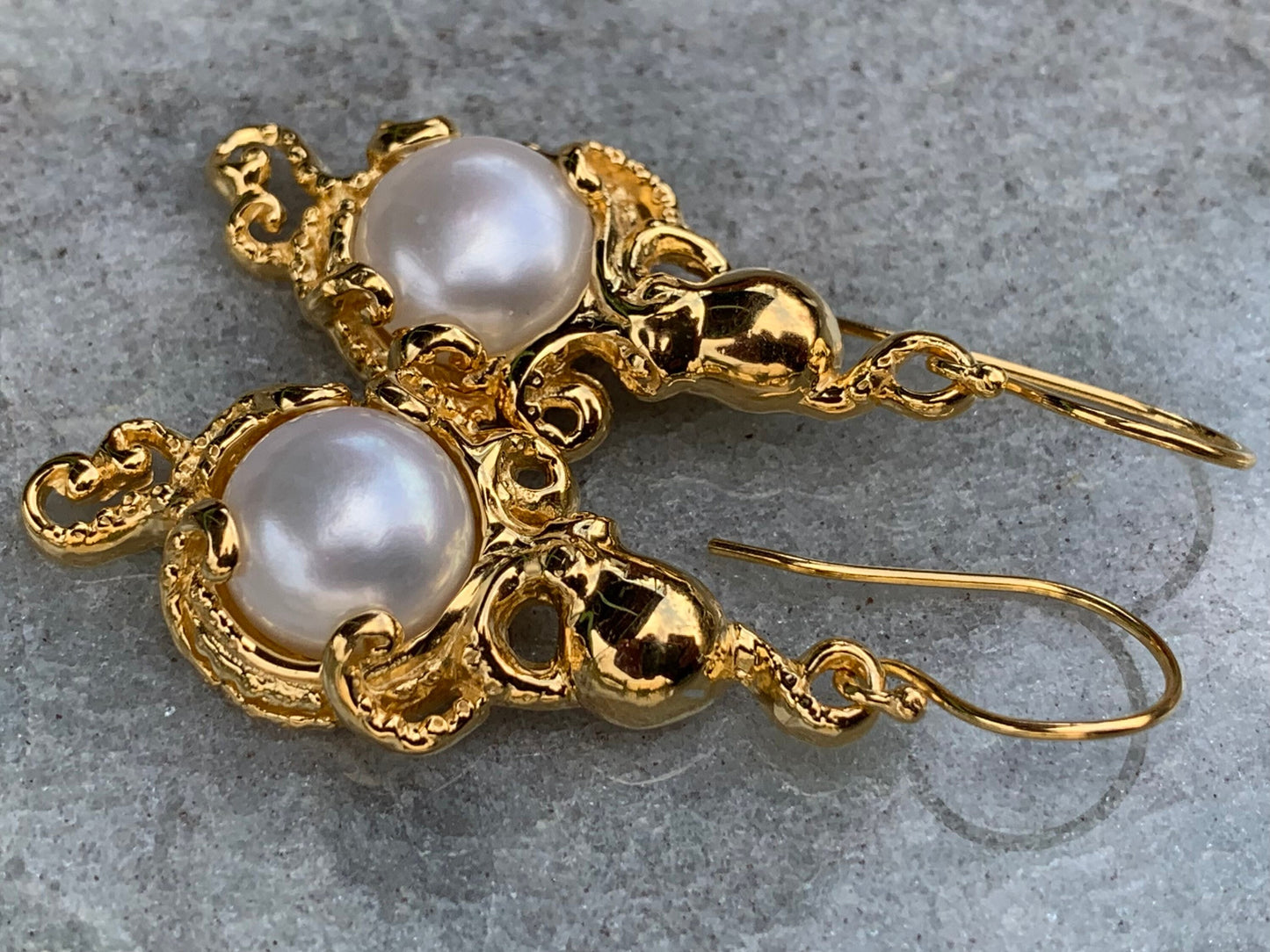 18k gold vermeil white mabe pearl octopus earrings.