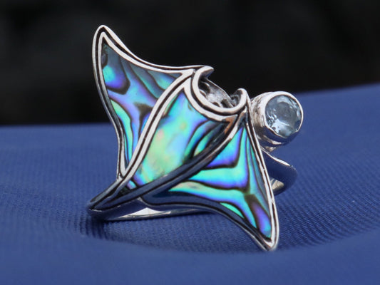Manta Ray Ring Hawaiian Hahalua. Abalone Paua Shell. Blue Topaz. Sterling Silver.