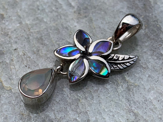 Plumeria Opal Charm Necklace Pendant. Abalone shell, Silver.