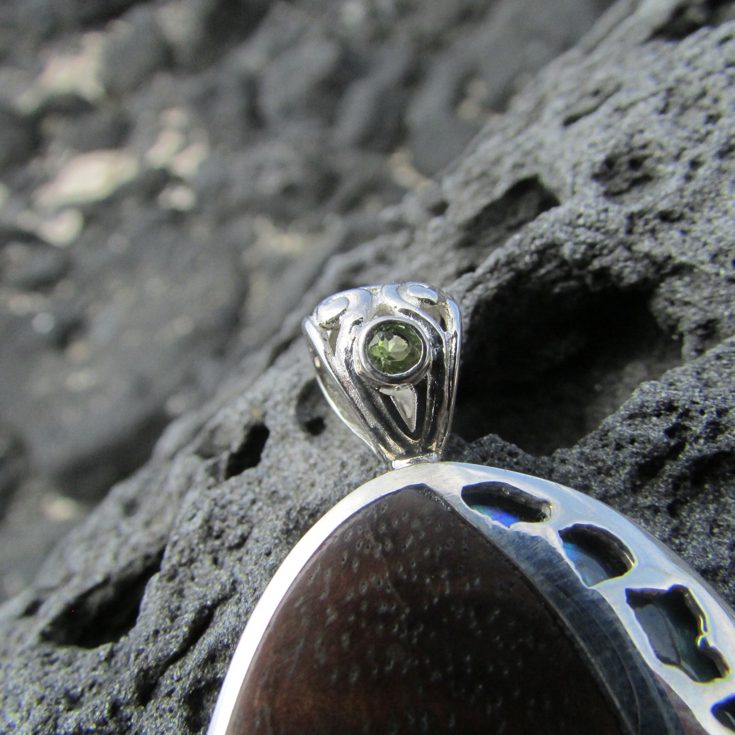 Hawaii Island Chain Turtle Pendant Necklace Large | Koa Wood | Paua Abalone Shell | Peridot | Sterling Silver | Beach | Jewelry | Handmade