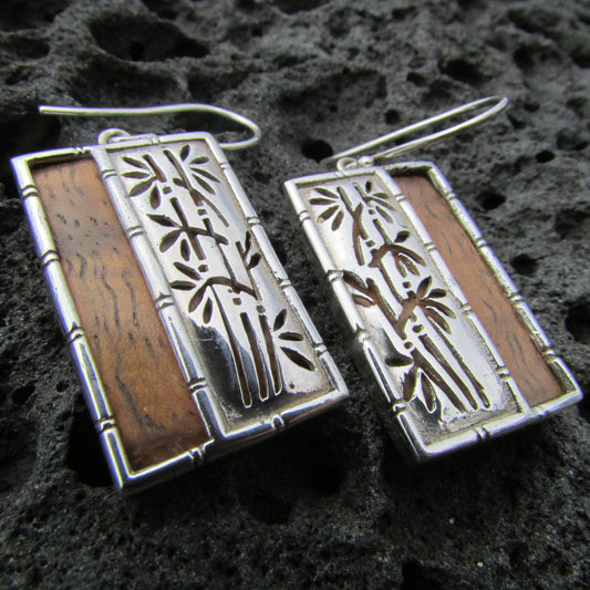 Bamboo Earrings | Sterling Silver | Hawaiian Koa Wood | Gift | Jewelry | Handmade | Unique
