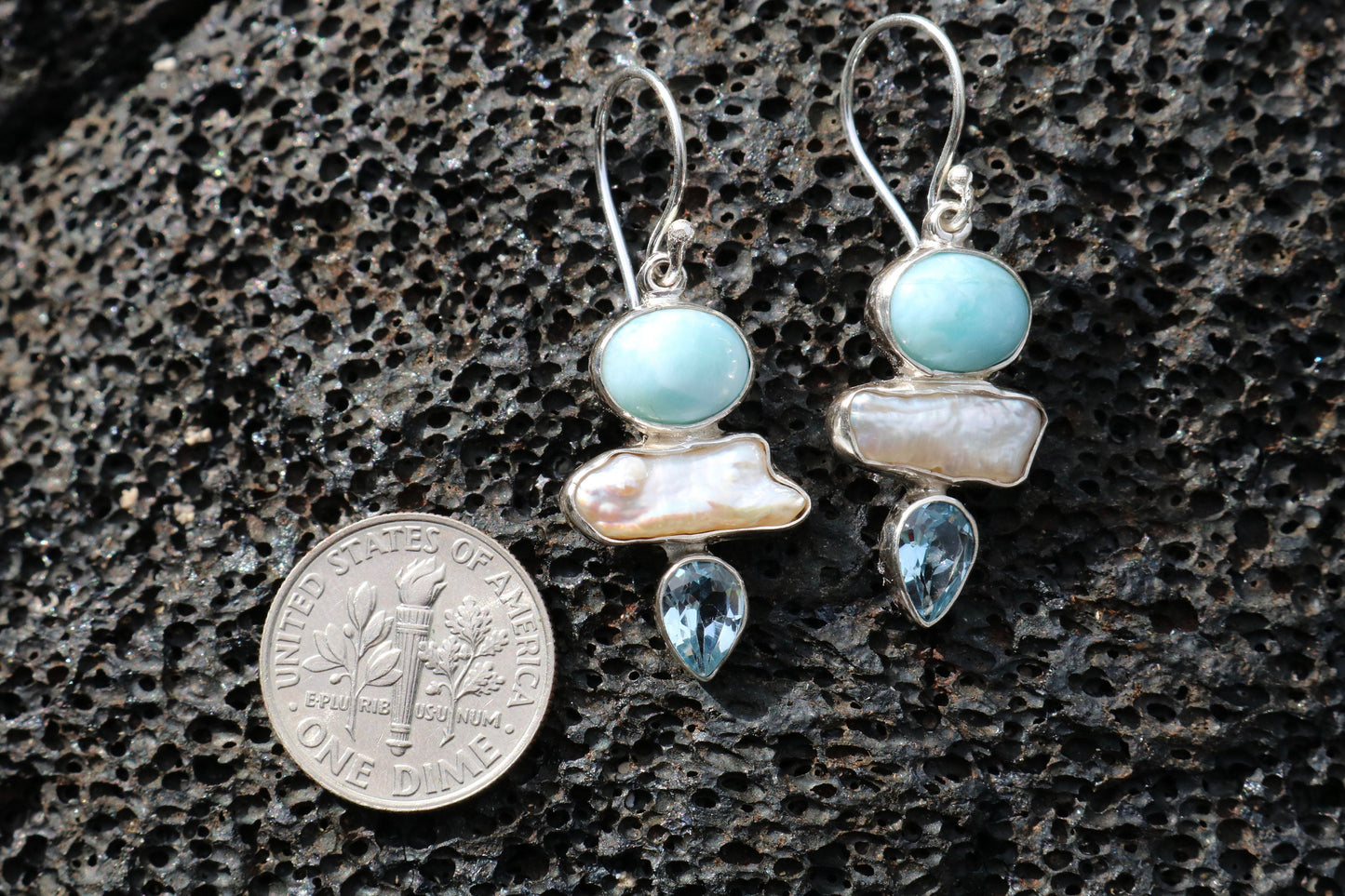 Larimar Pearl Blue Topaz Earrings. Sterling Silver.