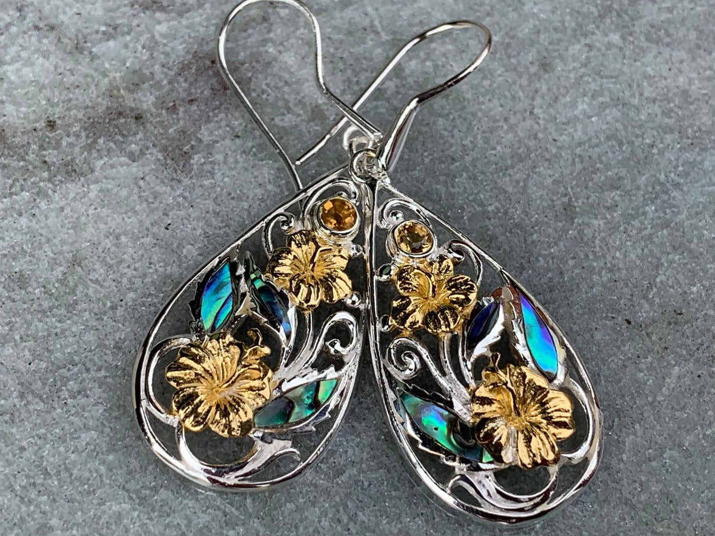 Hibiscus Flower Citrine Silver Gold Abalone Shell Earrings