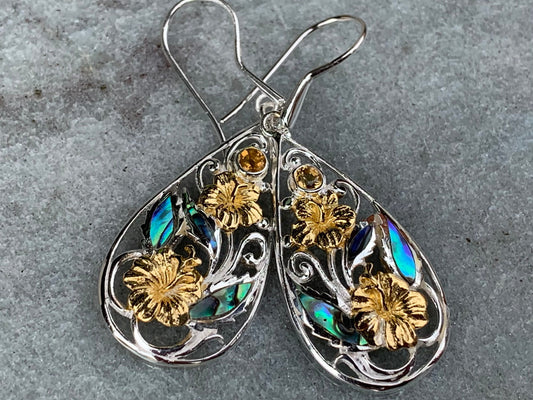 Hibiscus Flower Citrine Silver Gold Abalone Shell Earrings