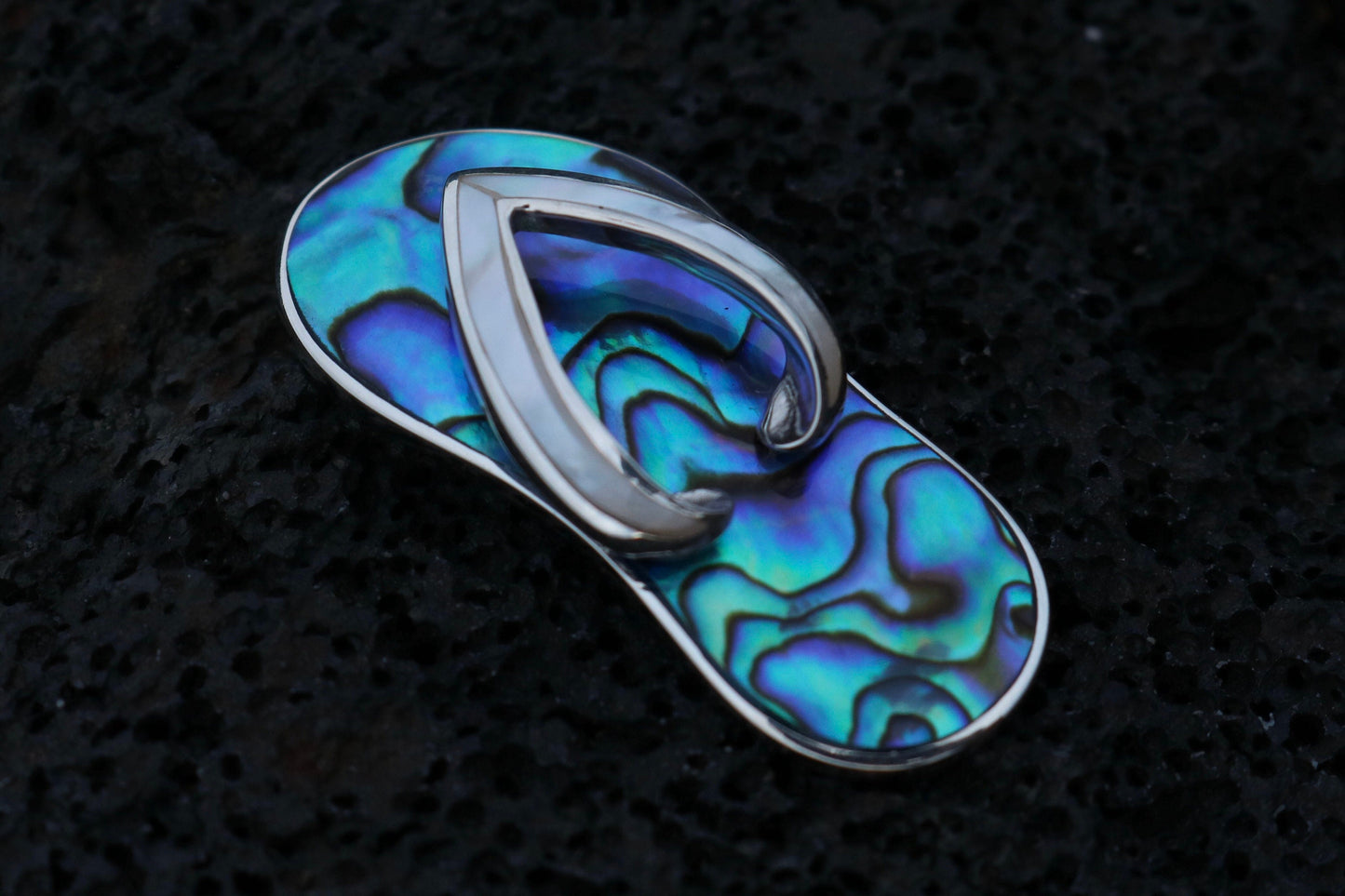 Beach Slippers Pendant Necklace. Abalone Shell, Sterling Silver, Mother of Pearl.