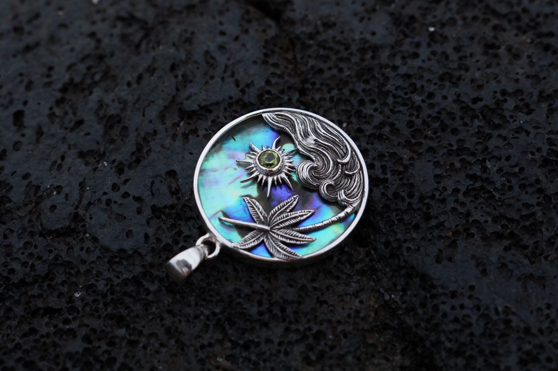 Ocean Beach Palm Tree Wave Sunset Necklace Pendant. Abalone Shell, Peridot, Sterling Silver.