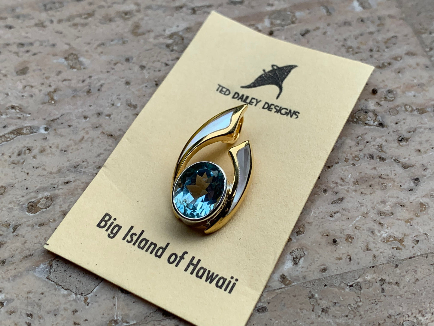 Wave Pendant. Blue Swiss Topaz, Mother of Pearl, Gold Vermeil.