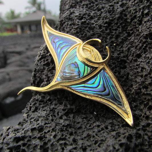 18K Gold Vermeil Manta Ray Stingray Necklace Pendant Handmade | Abalone | Paua Shell | Sterling Silver