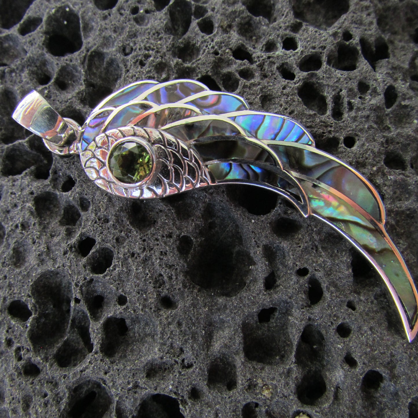Angel Wing Necklace Pendant. Amethyst, Peridot or Blue Topaz. Abalone Paua Shell. Sterling Silver.