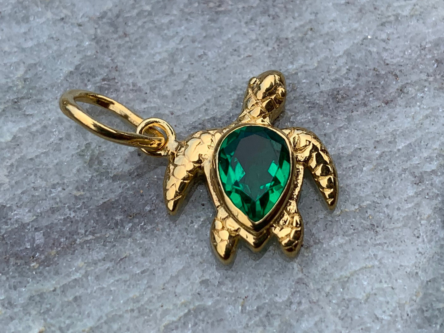 Emerald Turtle Charm Pendant Necklace. Gold Vermeil.