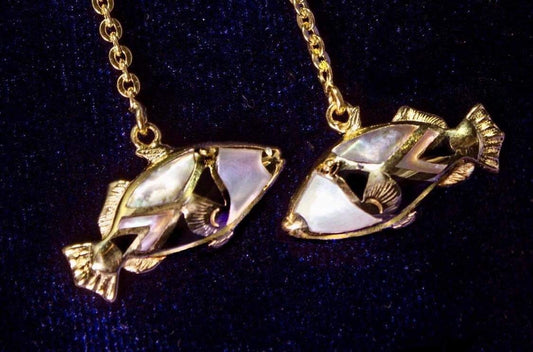 Humuhumunukunukuapua’a (Trigger Fish) Hawaiian State Fish Earrings. 18k Gold Vermeil, Silver, Mother of Pearl.