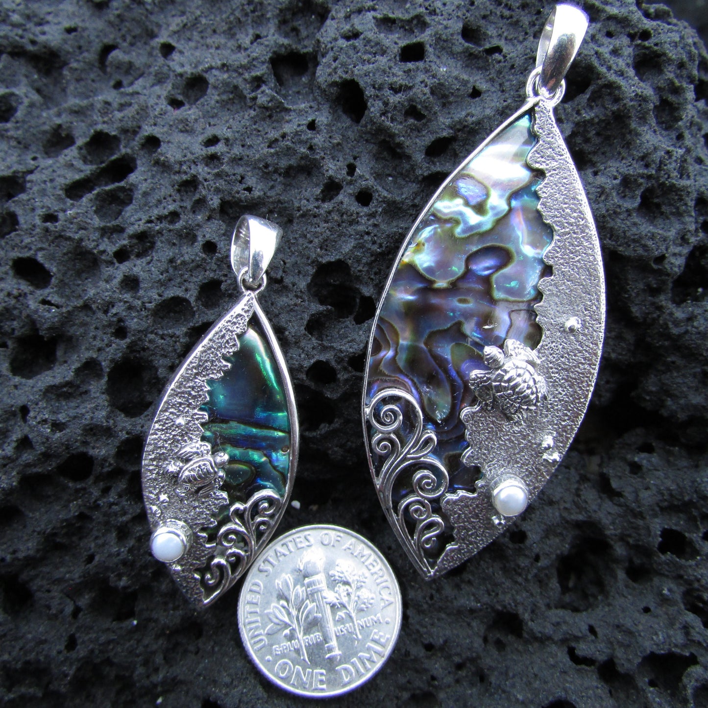 Sea Turtle Wave Necklace Pendant | Paua Abalone Shell | Pearl | Sterling Silver | Ocean | Beach | Gift | Jewelry | Handmade | Unique