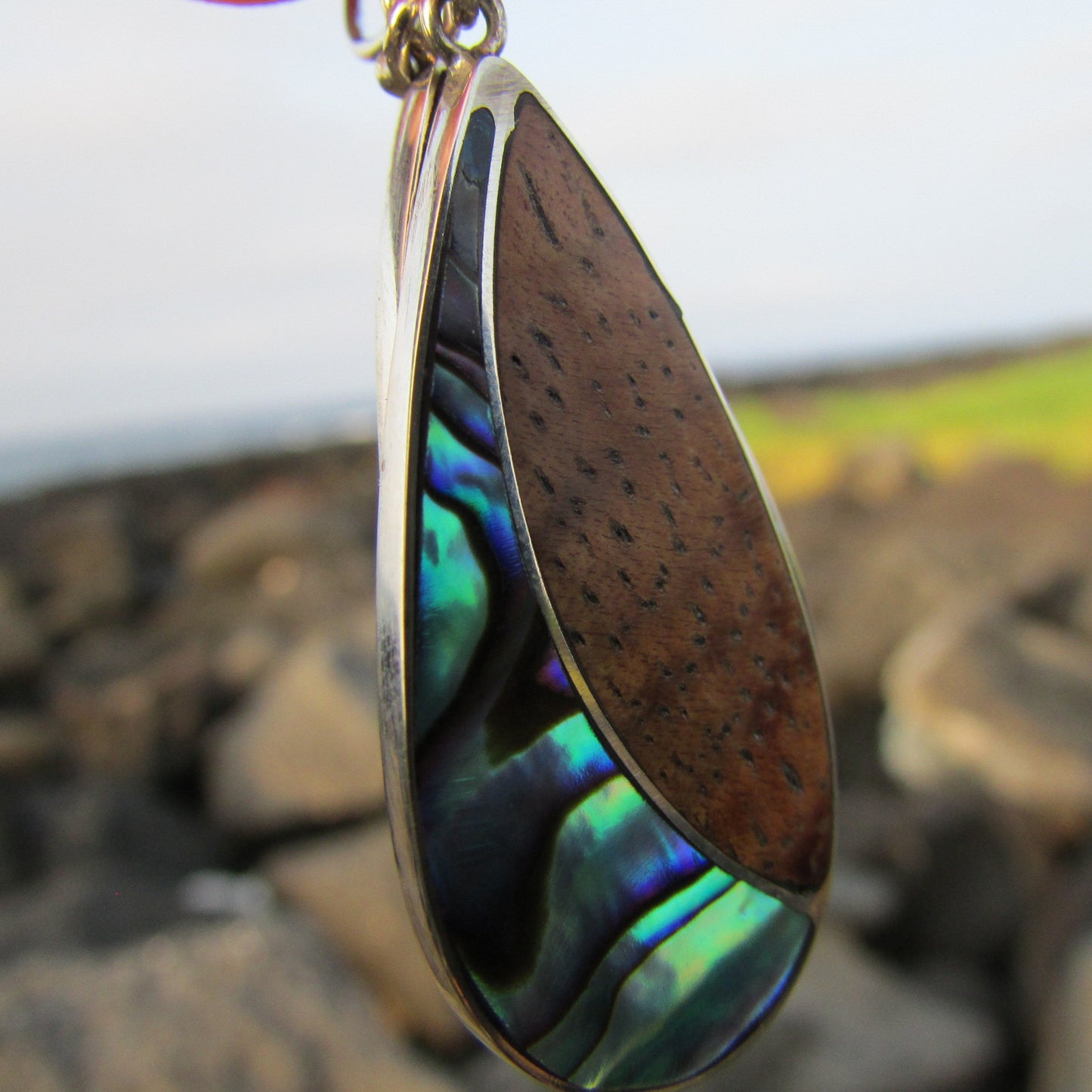 Teardrop Earrings | Paua Abalone Shell | Koa Wood | Sterling Silver | Gift | Jewelry | Handmade | Unique