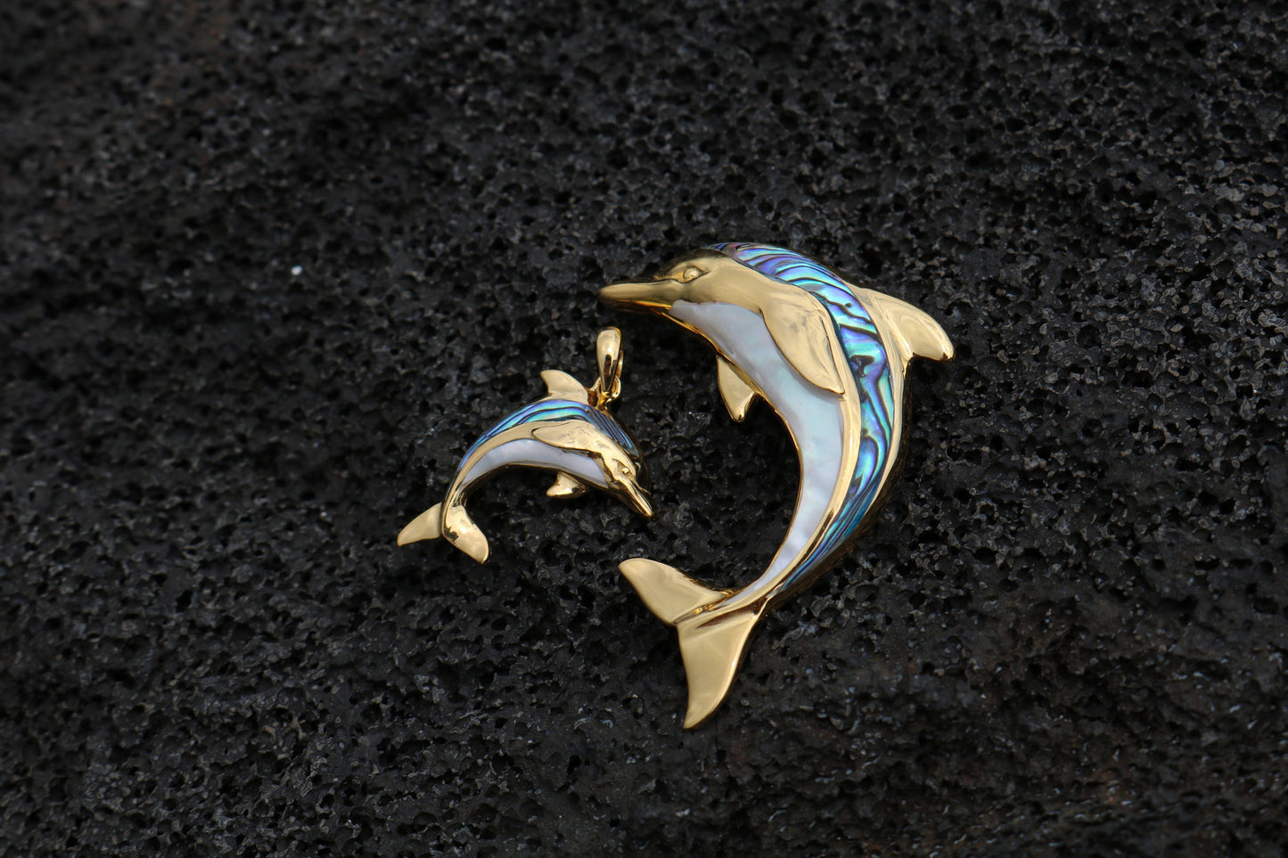 18K Gold Vermeil Aumakua Dolphin Necklace Pendant. Abalone Paua Shell, Mother of Pearl, Sterling Silver, 18K Gold.