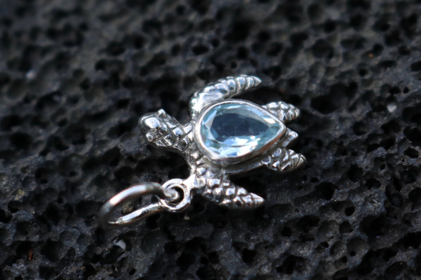 Turtle Charm Blue Topaz Necklace Pendant. Sterling Silver.