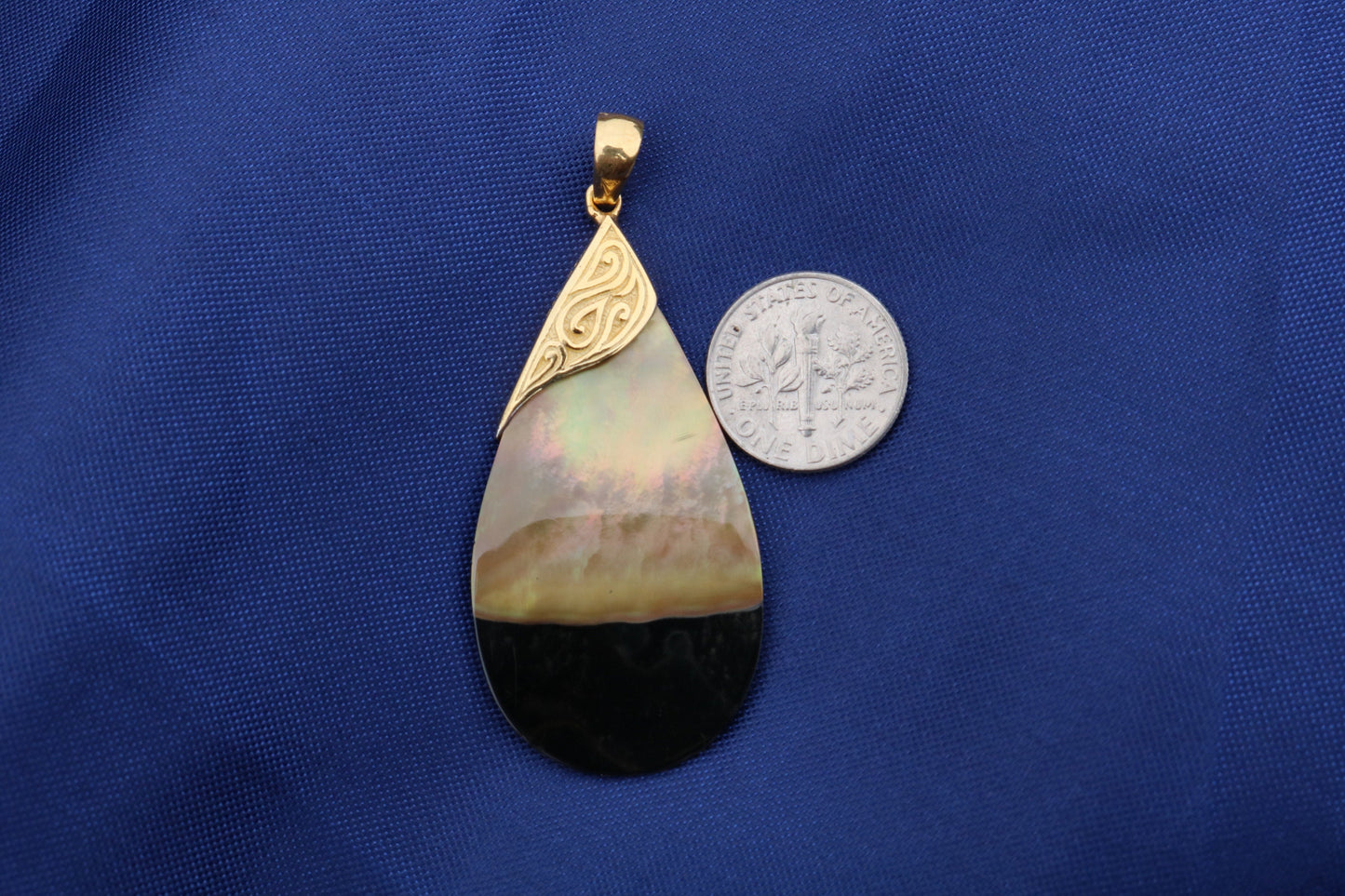 18K Gold Vermeil Black Oyster Rainbow Teardrop Pendant Necklace Tribal Design. Sterling Silver.